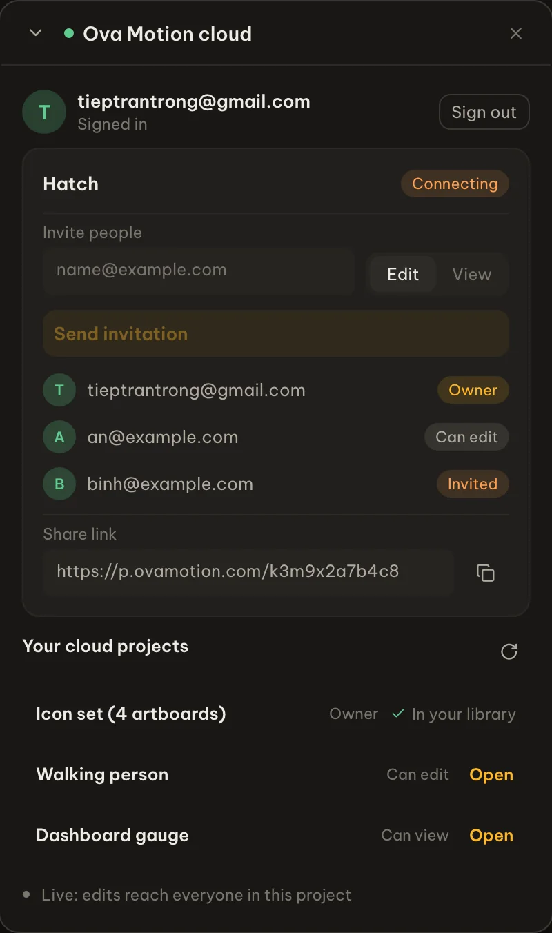 The Ova Motion cloud window: a live project, invitations and a share link