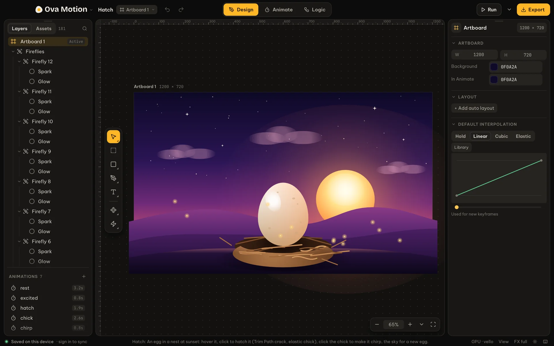 The Ova Motion editor with the Hatch scene open