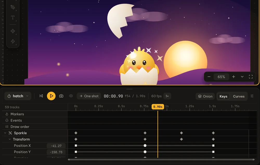 The hatching animation on the timeline, the shell flying off
